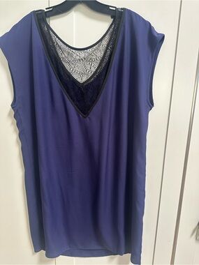 BCBG Sleeveless Purple Shift Dress with Black Lace V-Neck
